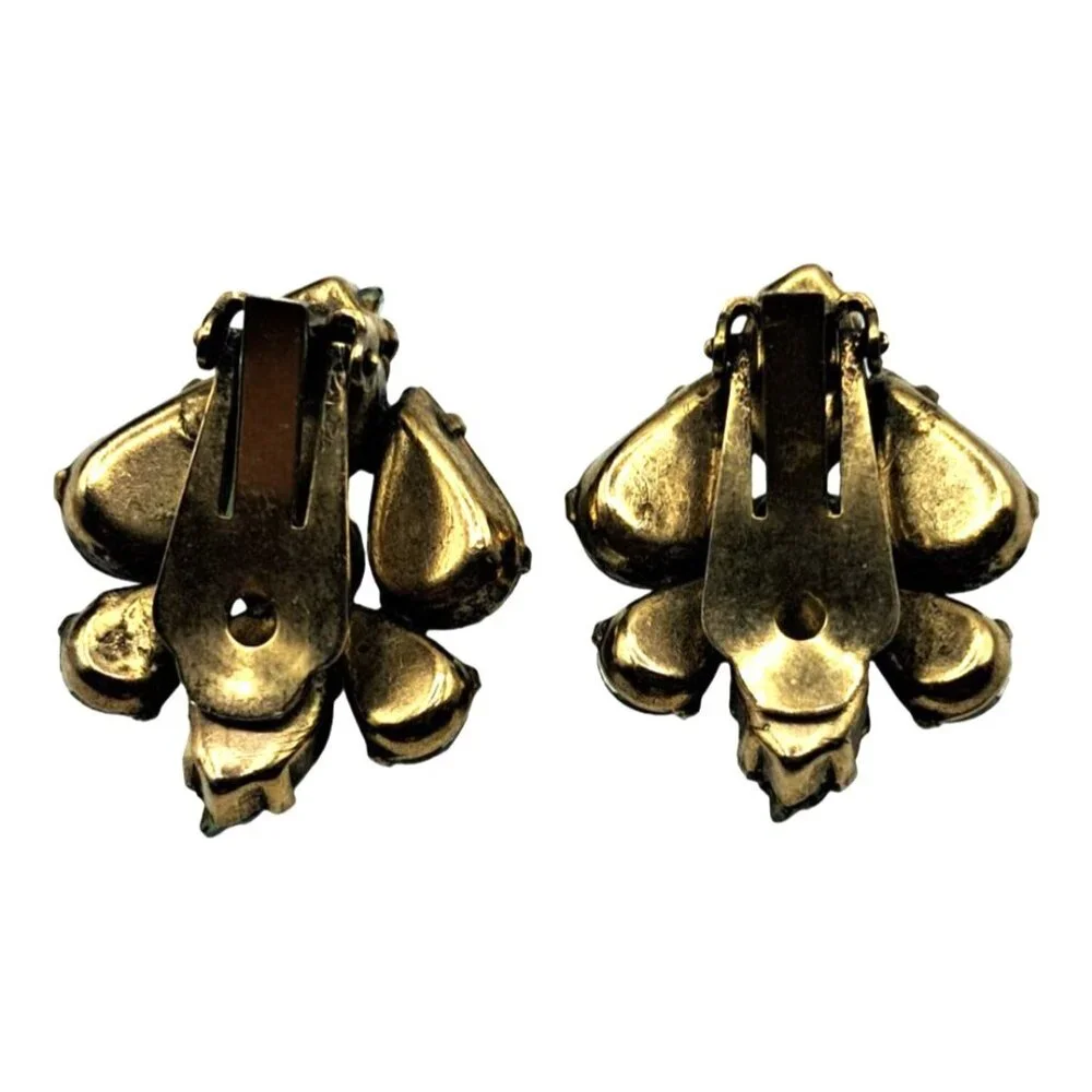 Regency Green Rhinestone Earrings Molded Glass Leaves UG UV Glow Vintage Costume